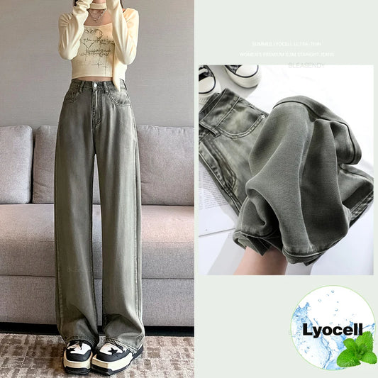 ETAIQIU 100% Lyocell Fabric Summer Ultra-thin Women's Jeans High Waist Baggy Straight Soft Ice Silk Drape Cool Pants Fashion Female