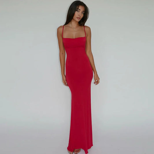 ETAIQIU 161 red Sexy Backless Sleeveless Slip Maxi Dress for Women Elegant Summer Holiday Beach Sundresses