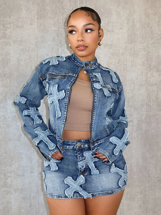 ETAIQIU 2 Piece Denim Sets Womens Outfits Spring Long Sleeve Zipper Jacket and Mini Skirt Set Sweet Sexy Outfits Wholesale Dropshipping
