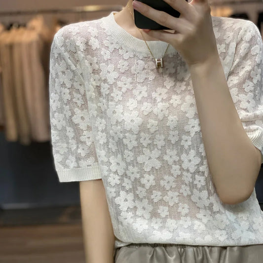 ETAIQIU 2024 spring / summer sexy light cashmere short sleeve women's thin breathable pullover O-neck cashmere fashion casual top Korean