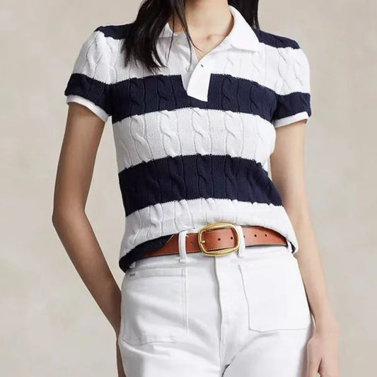 ETAIQIU 2024 RL Summer Women's 100% Cotton Pony Short Sleeve Embroidered Polo Shirt Women's Striped Knit Sweater Pullover Top