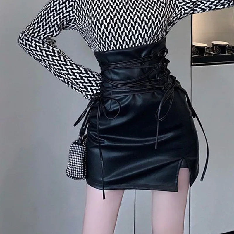 ETAIQIU Black Leather Mini Skirts Women Gothic High Waist Slim Fit Lace-Up Pencil Skirt Female Sexy Club Back Zipper Split Bag Hip Skirt