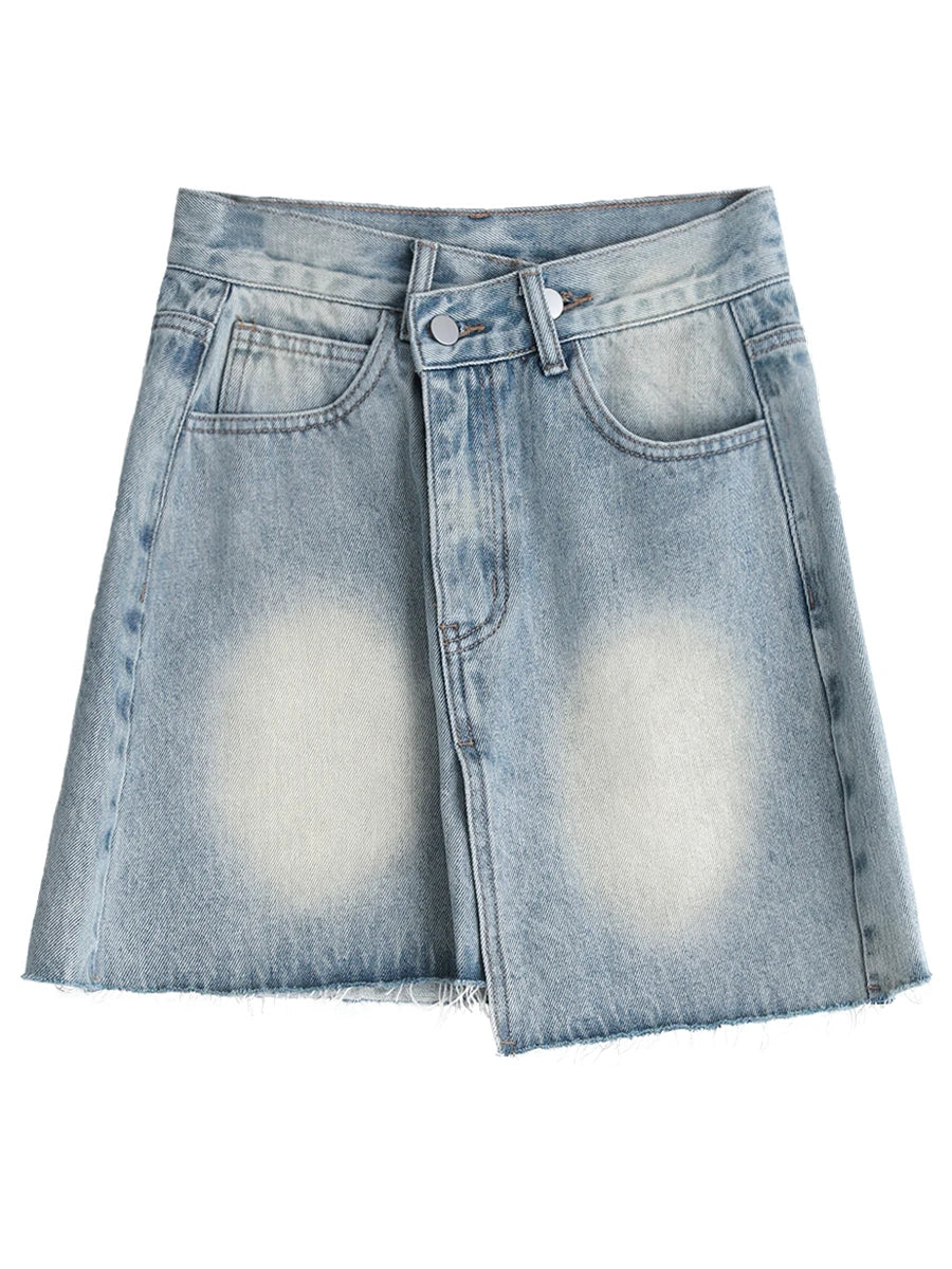 ETAIQIU CHIC VEN Women Skirts Streetwear Cotton Asymmetric Placket Raw Edge Denim Skirt Female A-line Short Skirt Spring Summer 2024