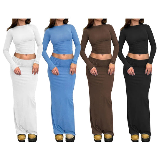 ETAIQIU CUTENOVA Autumn Solid Round Collar Long Sleeves Half-Length Skirt Slim Suit 2024 Casual Women Two-Piece  Set