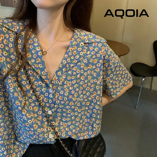 ETAIQIU Chic Vintage Floral Printing Button Up Women Shirt Notched Neck Short Sleeve Womens Blouse 2024 Summer Loose Tunic Female Shirts