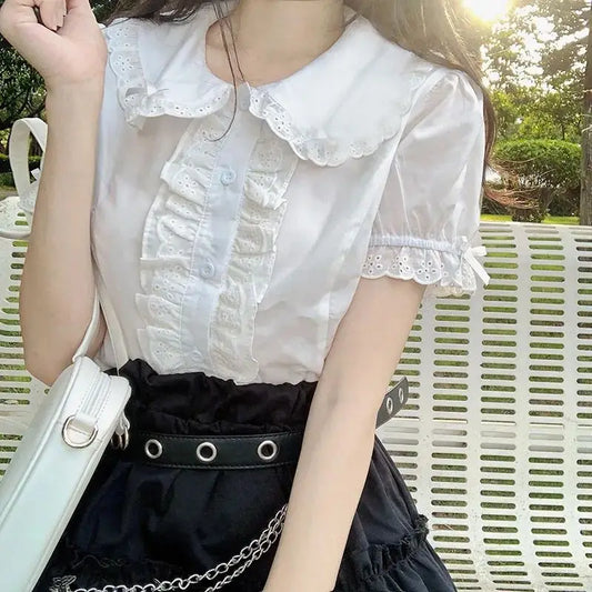 ETAIQIU Deeptown Kawaii Lolita Blouses White Women Cute Lace Tops Ruffle Shirts Vintage Puff Sleeve Japanese Preppy Style Sweet Tops