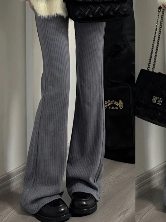 ETAIQIU Deeptown Vintage Gray Flare Pants Women Harajuku Black High Waist Wide Leg Trousers Korean Slim Knit Full Pants Y2K Streetwear
