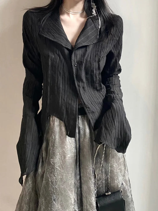ETAIQIU Deeptown Y2k Blouse Women Vintage Black Shirt Gothic Harjauku Pleated Button Up Korean Dark Tight Long Sleeve Aesthetic Female