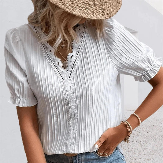 ETAIQIU Elegant Blouse Solid Shirt Lace 2024 Summer Fashion Lace Stitching Hollow Short Sleeve Pullover Top Office Lady Shirt Apparel