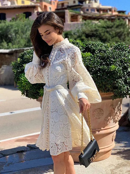ETAIQIU Embroidery New Autumn Single Breasted Chiffon Solid Lady Full Dress A Line O Neck Puff Sleeve Button Women Mid-Calf Dresses