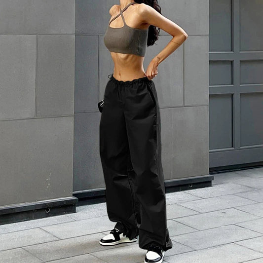 ETAIQIU European and American street fashion trend women's simple loose pants drawstring waist casual workwear pants