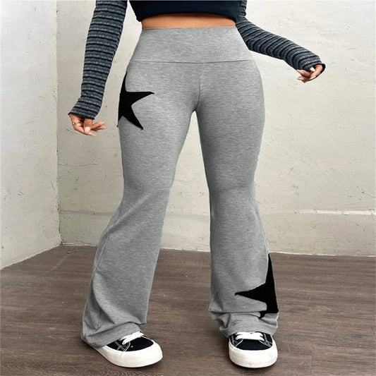 ETAIQIU FQLWL Fall Fashion Gray Star Print Trousers Street Causal Outfits For Women 2024 Basic High Waist Long Pants Booty Flared Pants