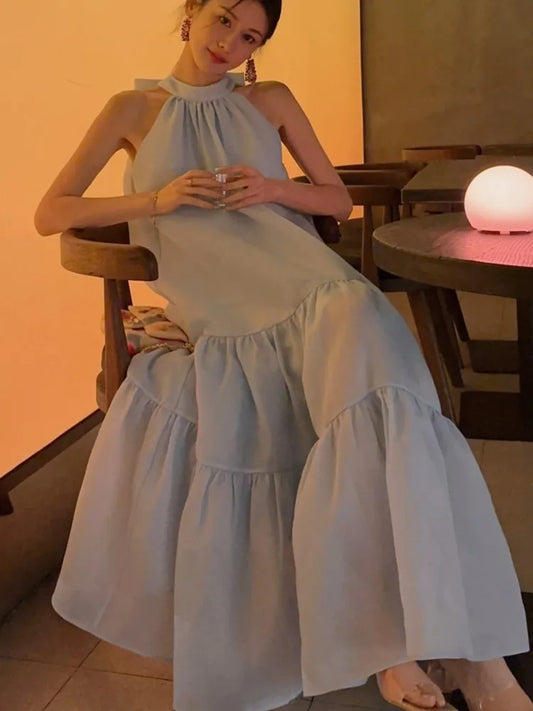 ETAIQIU French Elegant Women's Summer Fashion 2024 New Sleeveless Strapless Bowknot Blue Long Skirt Kawaii Vest Prom Dress