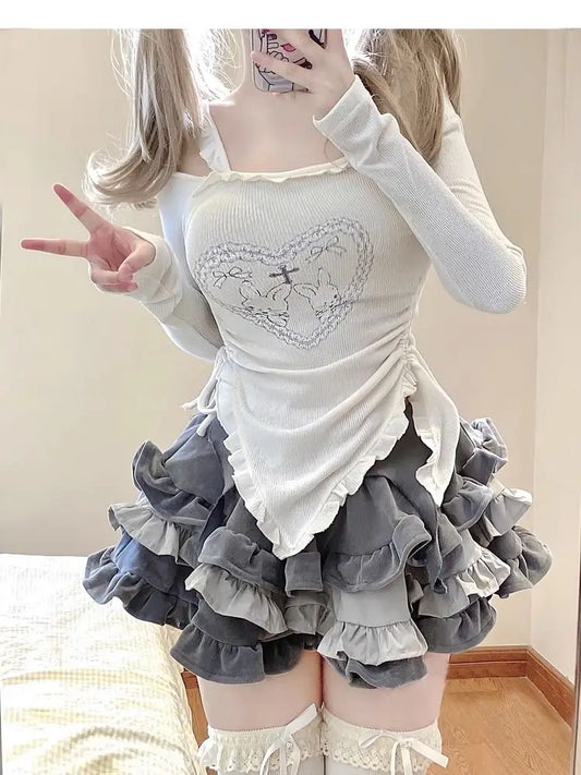 ETAIQIU HOUZHOU Kawaii Harajuku Skirt Sets Women 2000s Aesthetic Clubwear Two Piece Japanese Y2k Ruffles Long Sleeve Tees Off Shoulder