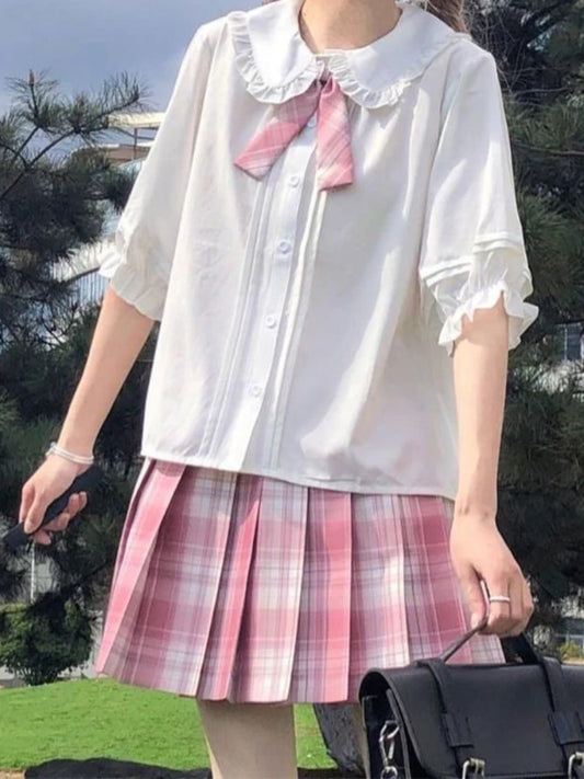 ETAIQIU HOUZHOU White Shirt Kawaii Peter Pan Collar Preppy Style Blouses Woman Sweet Ruffle Short Sleeve Tops Summer 2024 Fashion