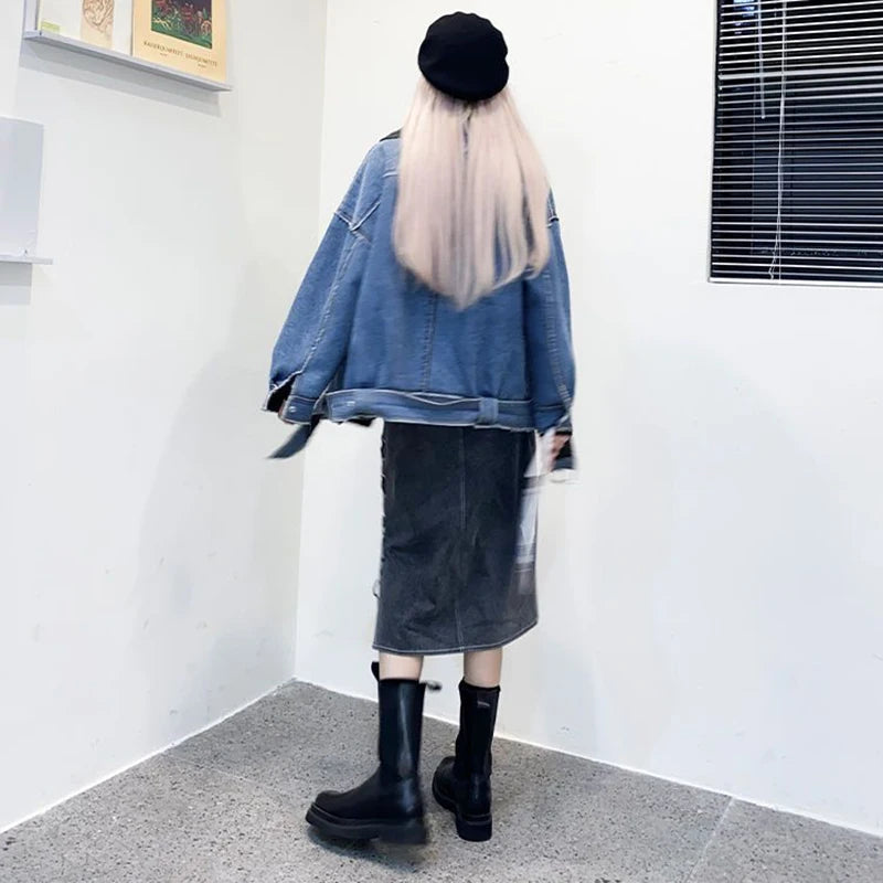 ETAIQIU Lucyever Vintage Gray Denim Skirts Woman Y2K Streetwear Lace Up Design Side Split Skirts Korean Chic High Wiast Long Skirt Women