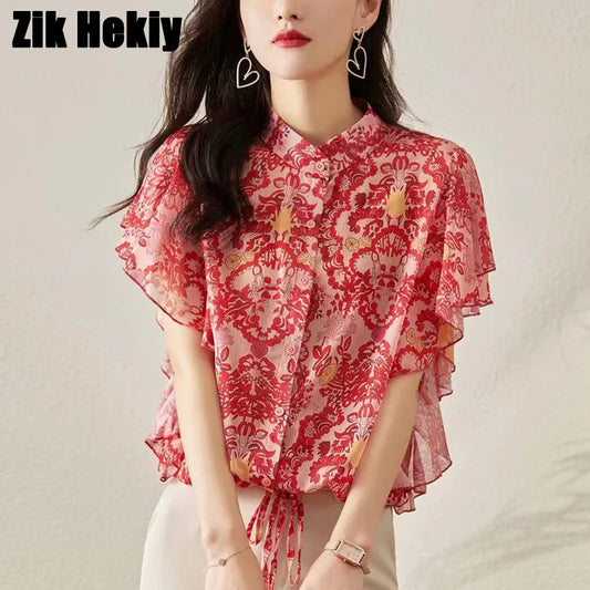 ETAIQIU Patchwork Ruffles Chiffon Shirt for Women Summer 2024 Vintage Printing Short Sleeve Loose-fitting O-Neck Single Breasted Blouse