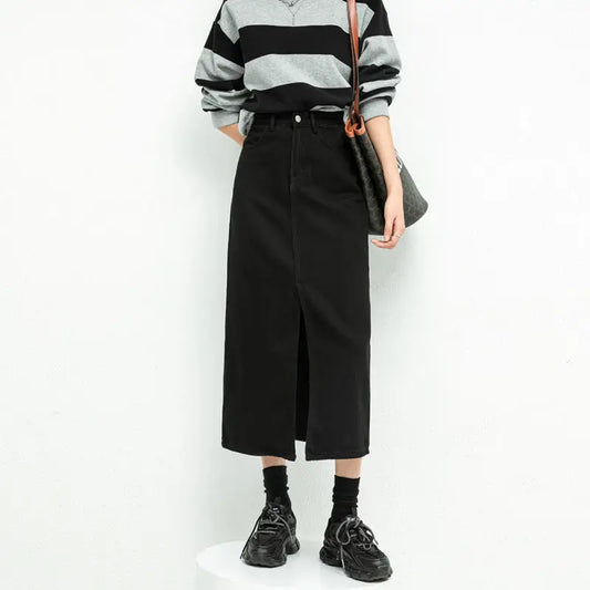 ETAIQIU Split Denim Skirt For Women High Waisted Loose A-line Skirt Korean Elegant Black Skirts 2024 Autumn Fashion Mid length Skirts