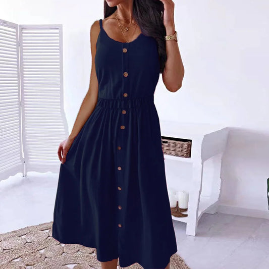 ETAIQIU Spring/Summer New Solid Color Button Foreign Trade Dress Mid length Dress Sexy Waist Strap Large European and American Dress