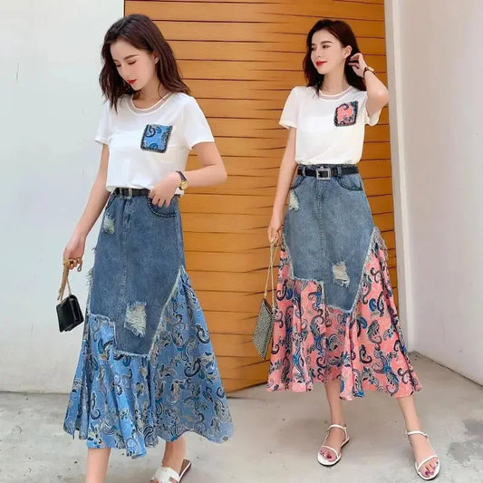 ETAIQIU Summer High Waist Long Skirts Woman Vintage Irregular Patchwork Denim Skirt Female Streetwear A-Line Midi Skirts