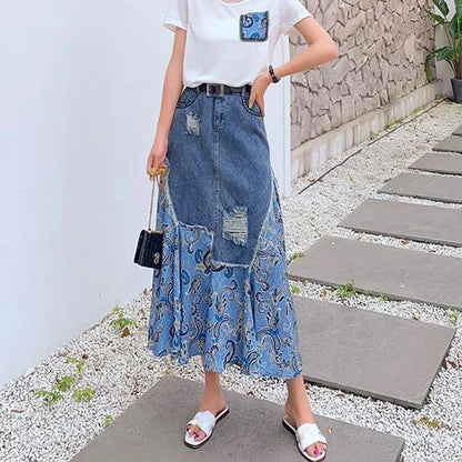 ETAIQIU Summer High Waist Long Skirts Woman Vintage Irregular Patchwork Denim Skirt Female Streetwear A-Line Midi Skirts