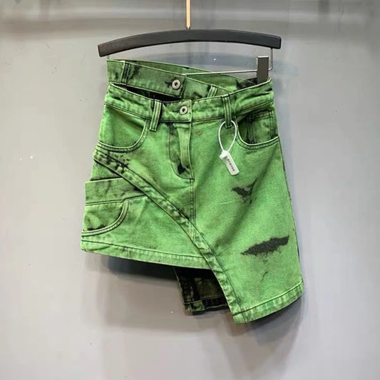ETAIQIU Vintage Green Irregular Denim Skirts Women Korean Summer High Waist Mini Skirt Sexy Jeans Skirts Faldas Mujer