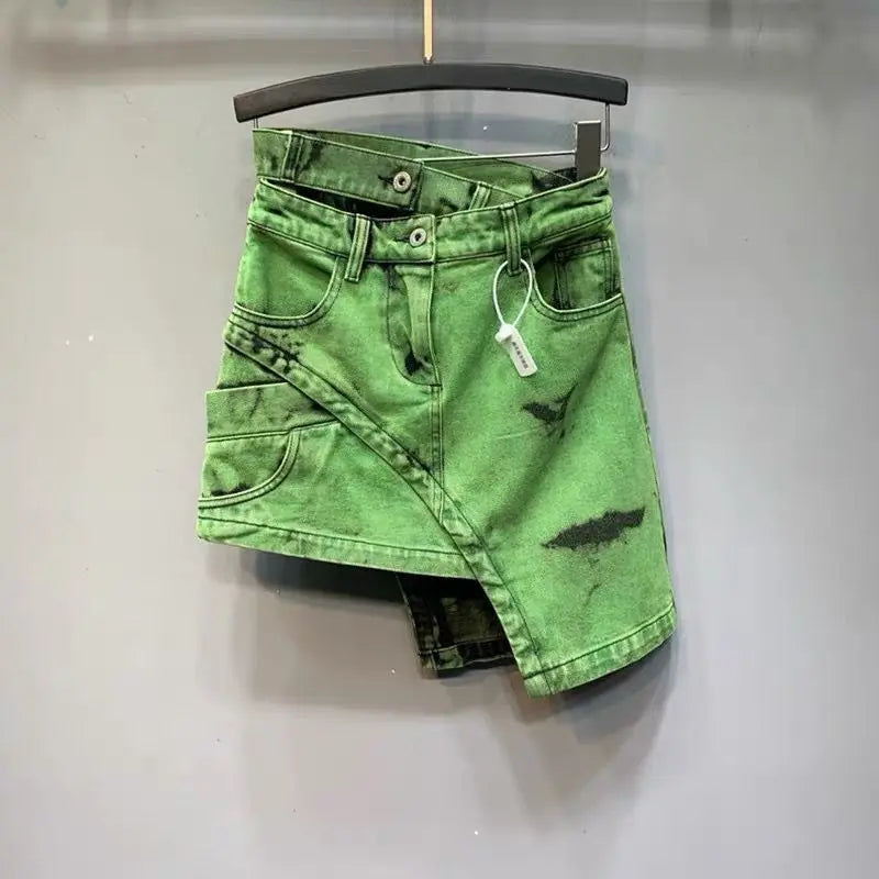 ETAIQIU Vintage Green Irregular Denim Skirts Women Korean Summer High Waist Mini Skirt Sexy Jeans Skirts Faldas Mujer