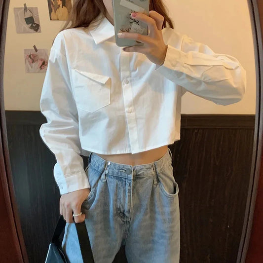 ETAIQIU White Shirt For Women 2024 Spring Summer Casual Wild Long Sleeve Crop Tops Female Japanese Style Student Pocket Cropped Blouses