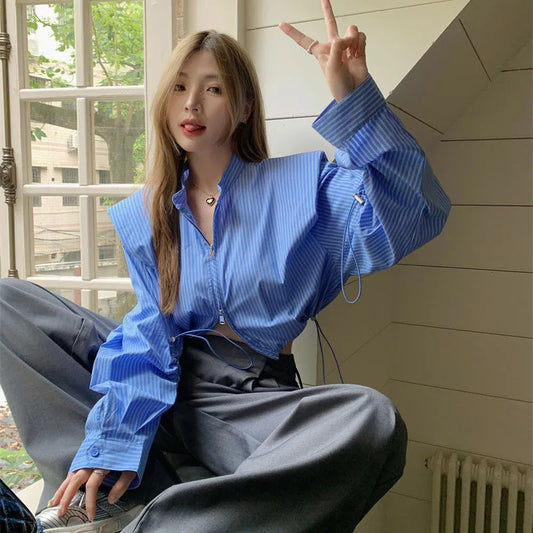 ETAIQIU Xpqbb Korean Style Stripe Drawstring Shirt Ladies Fashion Double Zipper Y2K Crop Tops Women Trendy Wild Loose Long Sleeve Blouse