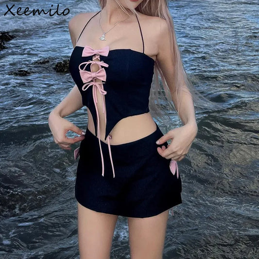 ETAIQIU Y2K Bow Tie Up Halter Tank Top With Side Split High-waist Party Skirt Summer Beachwear Holiday Elegant Women 2 Piece Set