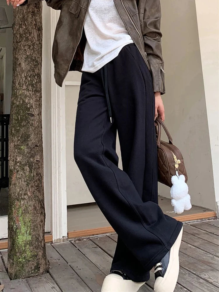 ETAIQIU Zoki Harajuku Casual Sweatpants Women Loose High Waist Solid Pants Korean Streetwear Simple Lace Up Vintage Straight Trousers